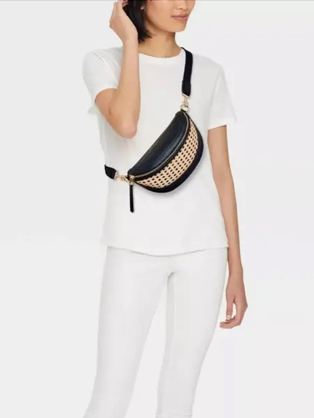 Universal Thread Black & Natural Straw Cane Woven Crossbody Belt Bag